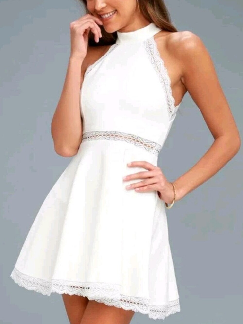 Lulu's White Lace Halter Aline Skater Mini Dress Sz S